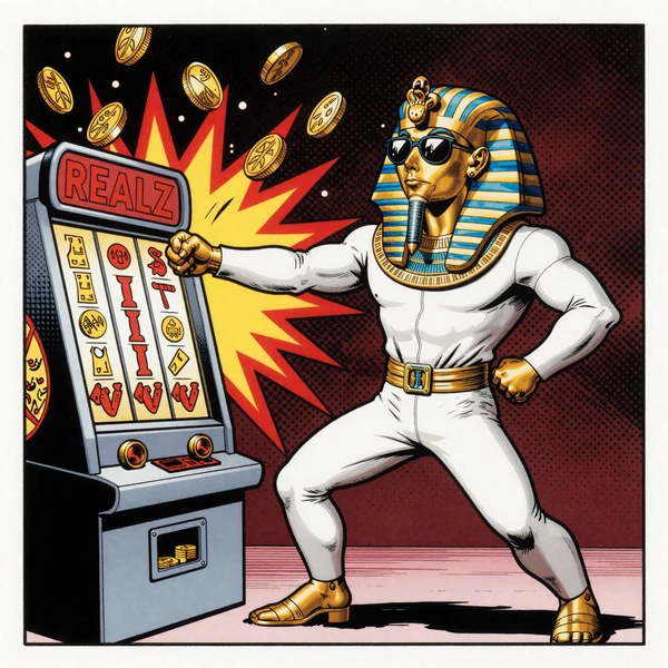 Pop-Art Pharao Maskottchen sprengt Slot-Maschine, Goldm&uuml;nzen und Hieroglyphen fliegen - Realz Casino Hero